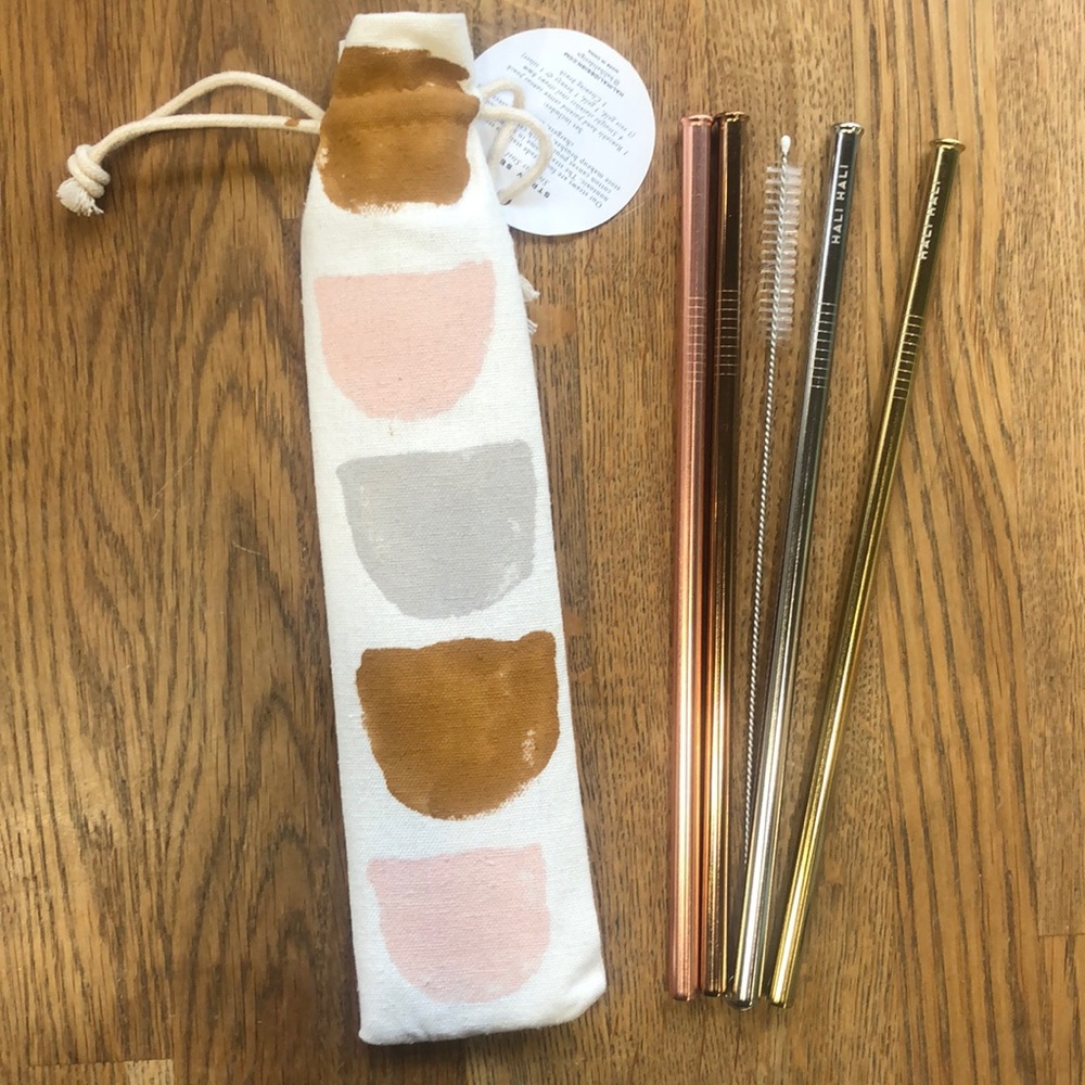 Abstract canvas pouch set of 4 reusable metal straws